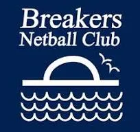 Breakers Netball Club crest β white text and a sunrise-over-waves emblem on navy.