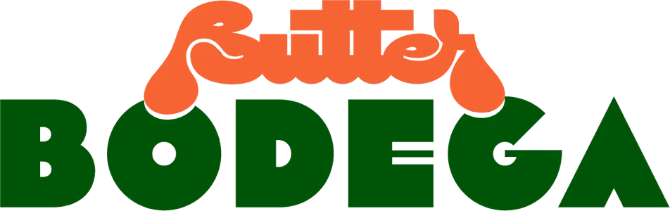 Butter Bodega logo โ "Butter" in orange script above "BODEGA" in bold dark green capitals.