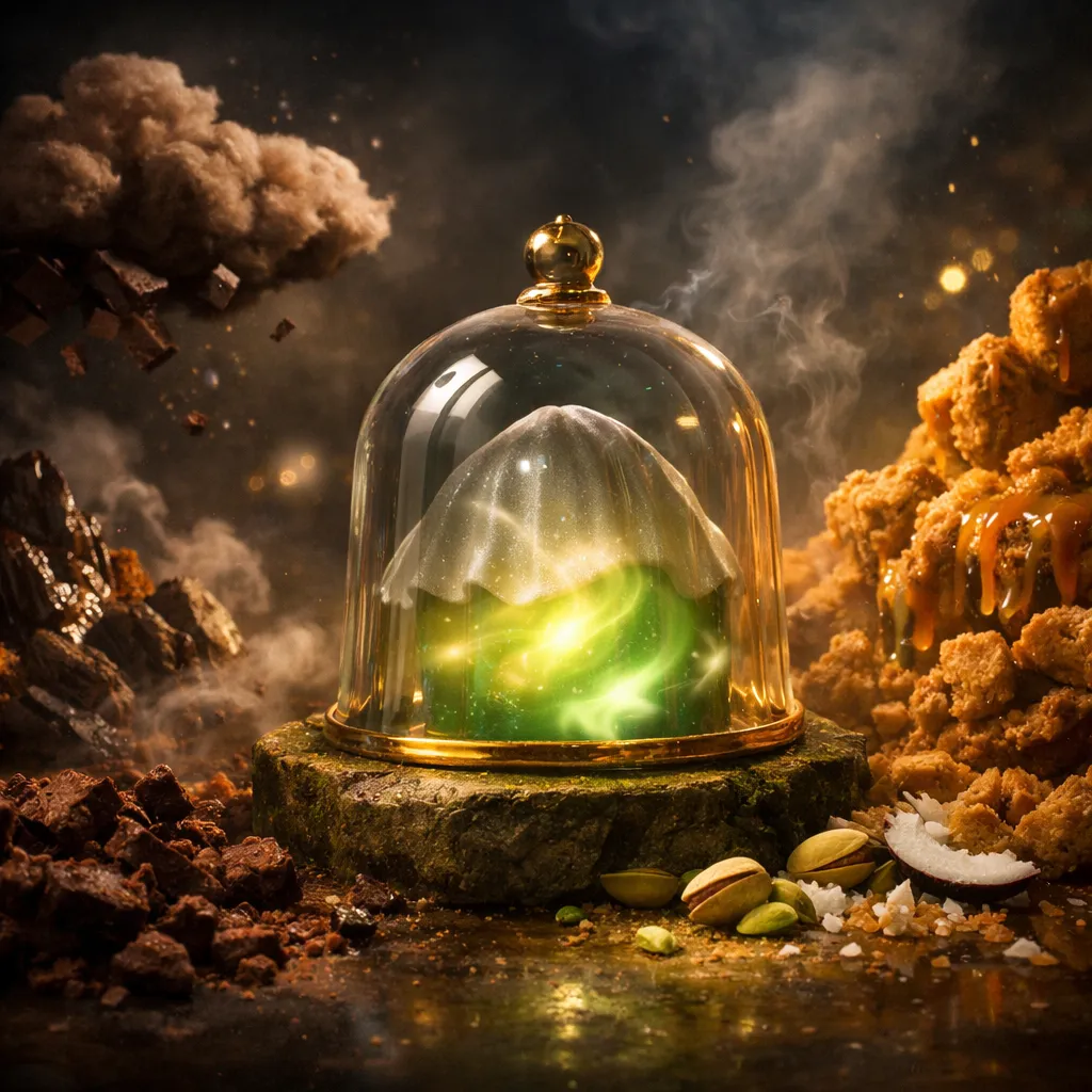 Promotional artwork for the mystery flavour โ a scoop of pale green gelato under a gold-rimmed glass cloche, surrounded by chocolate rubble, pistachios and coconut.